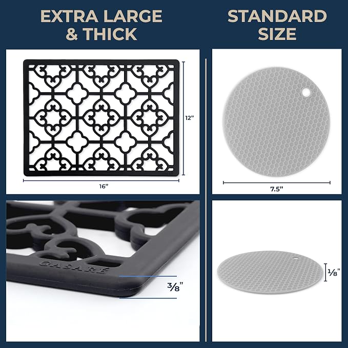 GASARÉ, Extra Large, Thick, Silicone Trivet for Hot Dishes, Pots, and Pans, Heat Resistant Mat for Countertop, Hot Pad for Kitchen, Easy to Clean, 16 x 12 x 3/8 Inches, (Black, Spaniard)
