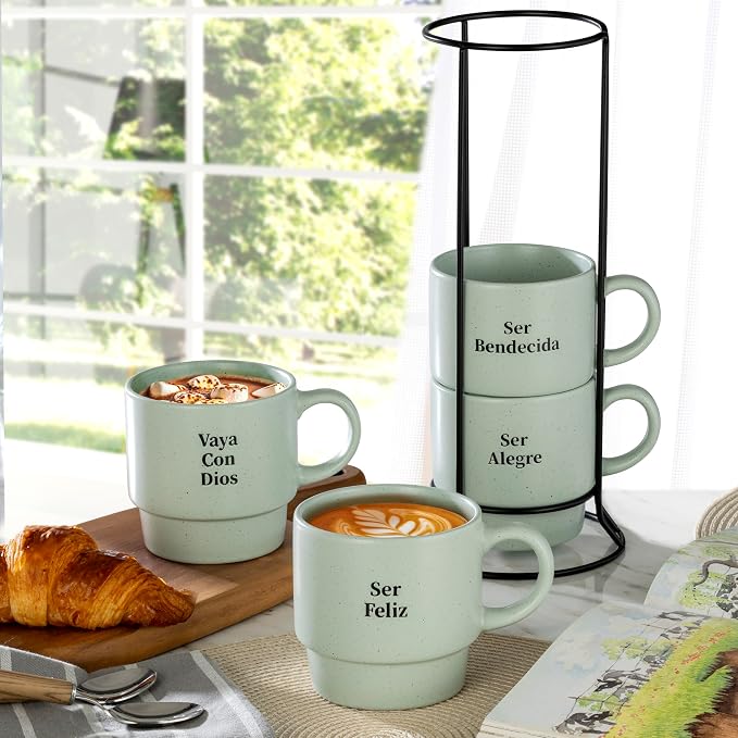 Signature Housewares Stackable Coffee Mug Tower Set with Metal Wire Rack - 15 Ounce Coffee Mugs for Coffee, Tea, Cocoa, Milk, Cappuccino, Hot Chocolate Set of 4 - Spanish Bendecida Blessed