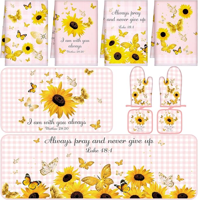 Fourluoo 10 Pcs Sunflower Kitchen Decor and Accessories Pink Kitchen Towels Rugs Oven Mitts and Pot Holders Set Sunflower Decorations Set for Cooking Baking Grilling Mom Gift Home