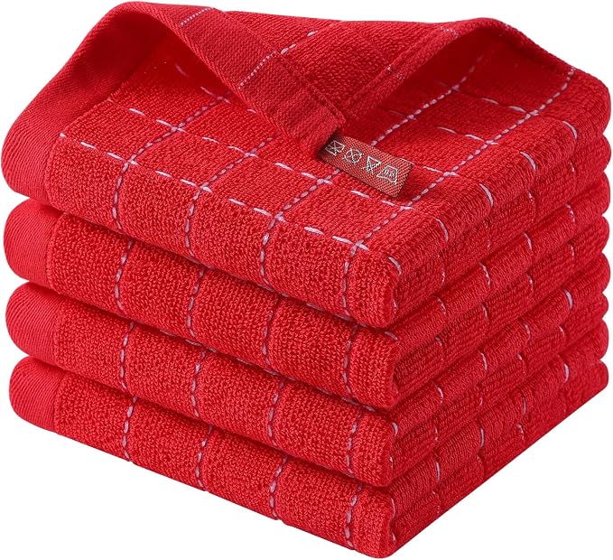 Homaxy 100% Cotton Terry Kitchen Dish Cloths, 4 Pack, Red | Ultra Soft and Absorbent Dish Towels for Kitchen, Suitable for Drying and Washing Dishes