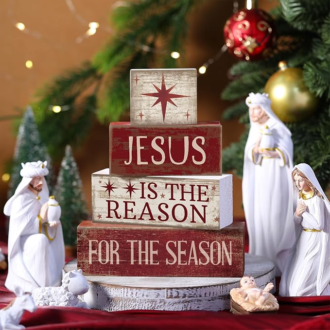 Lineshading 4 Pcs Christmas Farmhouse Wooden Block Signs Jesus Tiered Tray | Rustic Distressed Wood, Stackable for Tiered Shelf Mantel Tabletop, Christmas Seasonal Home Decor, Farmhouse Gift