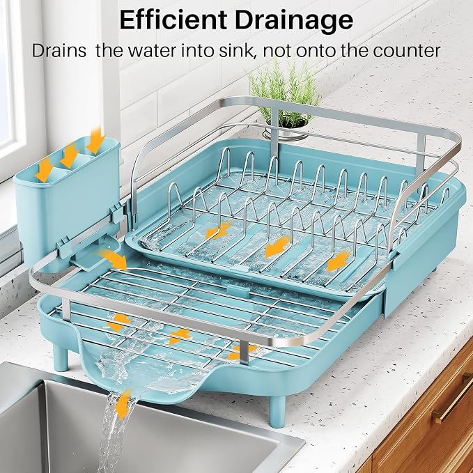 SNTD Expandable Dish Drying Rack for Kitchen Counter, 15.2-22.1 in, Blue | Rust-Resistant Stainless Steel, Protective Side Rails, Self-Draining Drainboard, Removable Utensil Holder