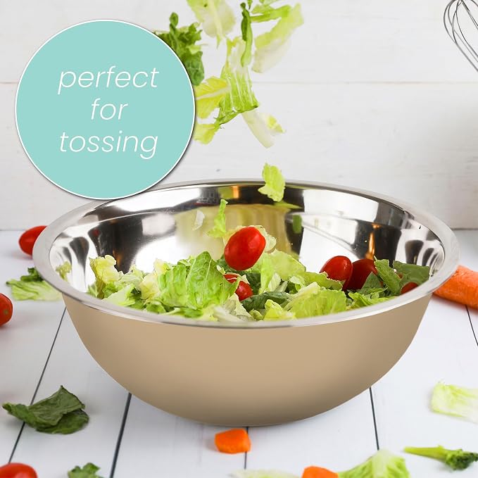 WHYSKO Stainless Steel Mixing Bowls Set, 5-Piece Meal Prep & Food Storage | .75, 1.5, 3, 4 & 5 Quart Metal Mixing Bowls Set for Prep, Serving, Baking & Food Storage, Ecofriendly, Dishwasher Safe, Khaki
