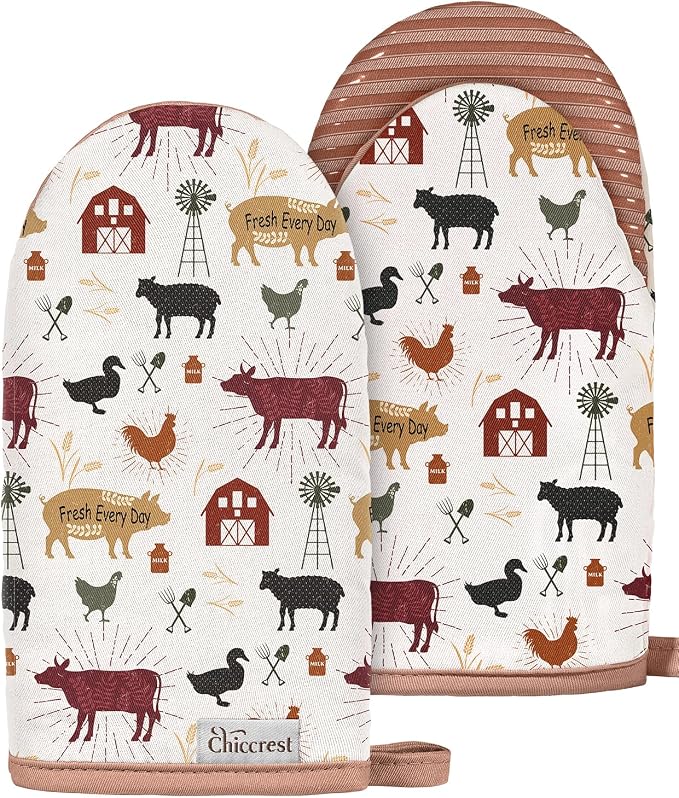 100% Thick Cotton Mini Oven Mitts Silicone Grip Farm Poultry | Girly Cute Oven Mitts for Women, Machine Washable, Non-Slip, Reversible Design Fits Both Hands, Stylish Kitchen Decor