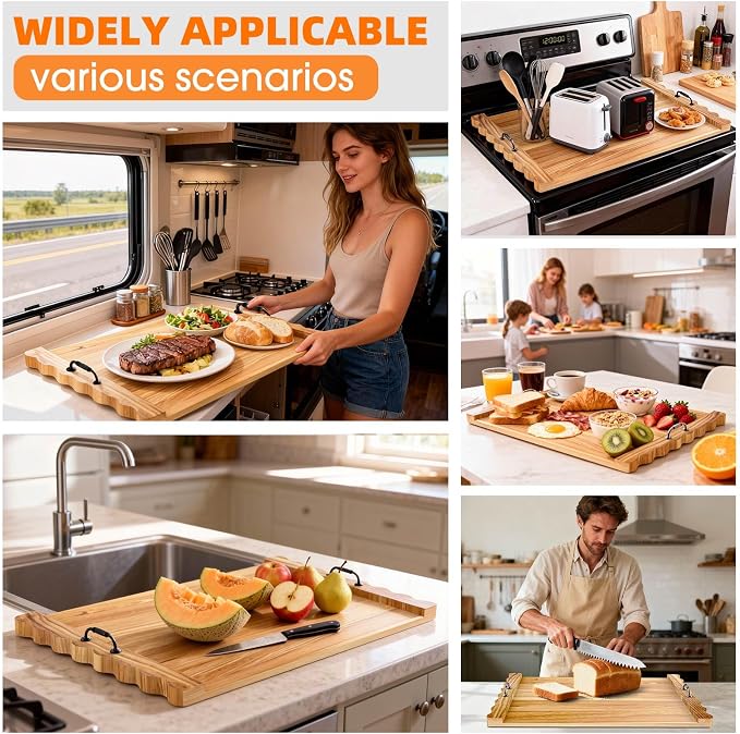 Latest wave-patterned wooden stove top cover, stylish pine panel stove top cover,suitable for gas stoves with 4 and 5 burners, food tray, kitchen stove tray. (Light wood color)