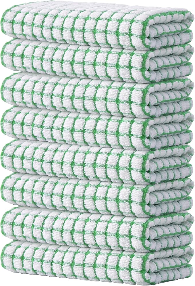 Kitinjoy Cotton 8 Pack Terry Kitchen Towels, Green | 16 x 25 Inches Super Soft and Absorbent Dish Towels, Quick Drying hand towels for kitchen Drying