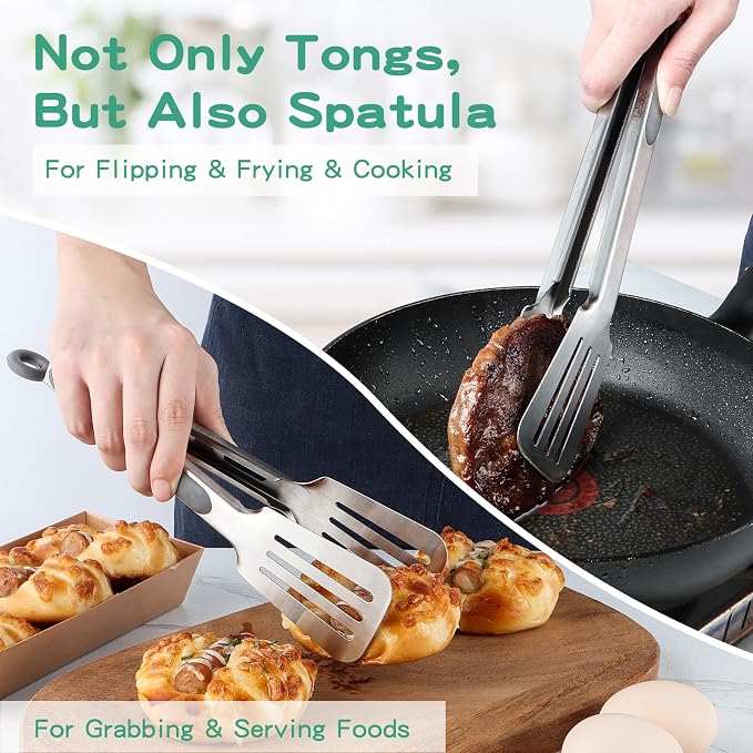 Tongs for Cooking, Set of 2 Metal Spatula Tongs for Grilling, Gray | 9 inch & 12 inch, Flat Spatula Head, Comfortable Handle, Strong Grip, Easy Pull Lock, Flipping Utensil