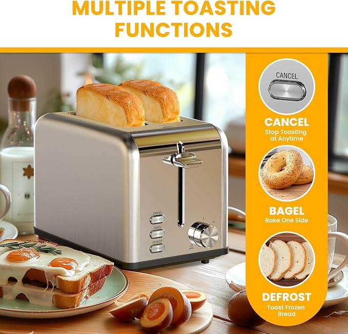 Simple Deluxe 2-Slice Toaster, 6 Browning Setting and 3 Function Stainless Steel Toaster, Extra Wide Slot & Removable Crumb Tray, for Bread & Waffle, Silver