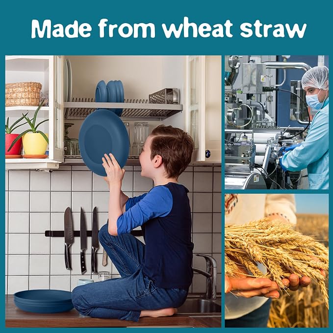 Teivio 32-Piece Plates and Bowls Sets for 8, Autumn Blue Dinnerware Sets | 13.5oz Cups, Plastic Wheat Straw Unbreakable Dish Set, Dishwasher Safe, for Outdoor Camping RV Apartment Essentials Plate Set