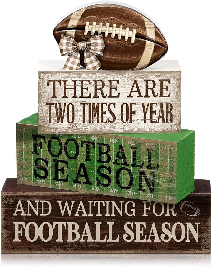 Lineshading 4 Pcs Football Tiered Tray Decor Wood Blocks Stackable Table | Stackable Centerpiece with Quotes, Party Decorations for Game Day Tailgate, Shelf Fireplace Display, Gift for Fans Club