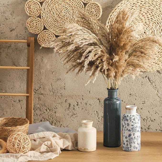 Ceramic Vintage Vase Set of 3, Vintage Flower Vases Home Decor Chinoiserie Decorative Retro Floral Vase Rustic Farmhouse Decor for Table Bookshelf Mantel Kitchen Living Room Office - Gray