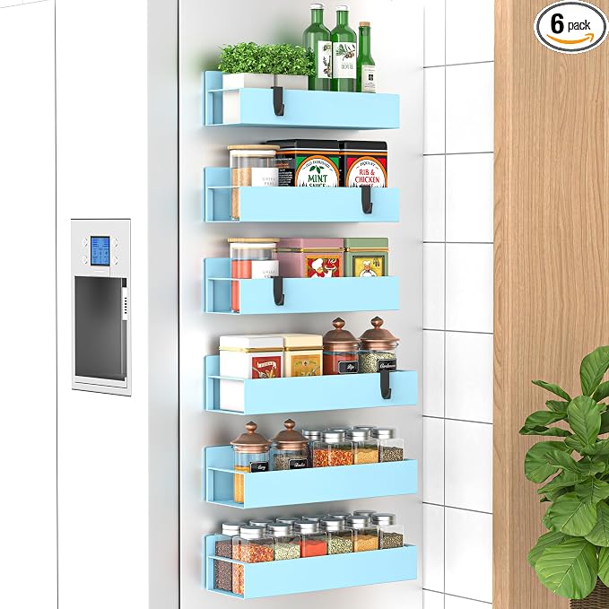 Metal Magnetic Spice Rack for Refrigerator Blue, 6 Pack | Magnetic Shelves Heavy Duty for Fridge in Kitchen, Seasoning Storage Organizer, For Oven Washer and Dryer, For Heavier Items