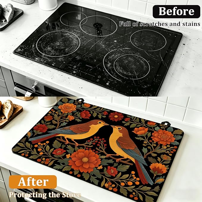 Vintage Birds Flowers Stove Top Covers for Electric Stove,Retro Glass Top Stove Cover, Heat Resistant Range Covers for Electric Stove,Washable Countertop Mat, 28 x 20 Inch