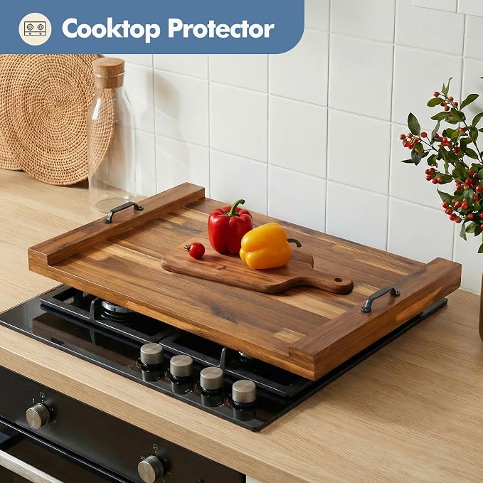 DUMOS Noodle Board Stove Cover with Handles, Wooden Stove Top Cover for Gas Electric Glass Stove, 22 x 29.5 inch(Brown)