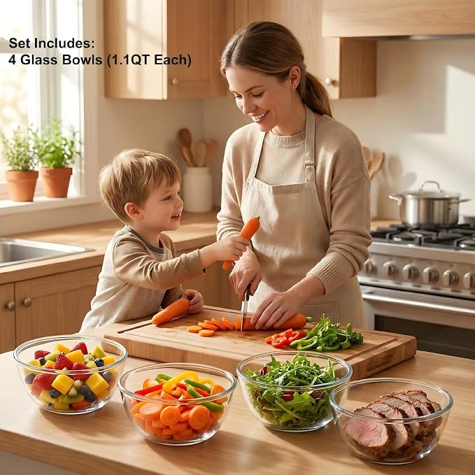 Borosilicate Glass Bowls, Set of 4 (1.1 QT Each) - Heavy-Duty, Scratch Resistant & Lead-Free. Oven, Microwave, Dishwasher & Freezer Safe. Perfect for Meal Prep, Baking, Serving, Entertaining