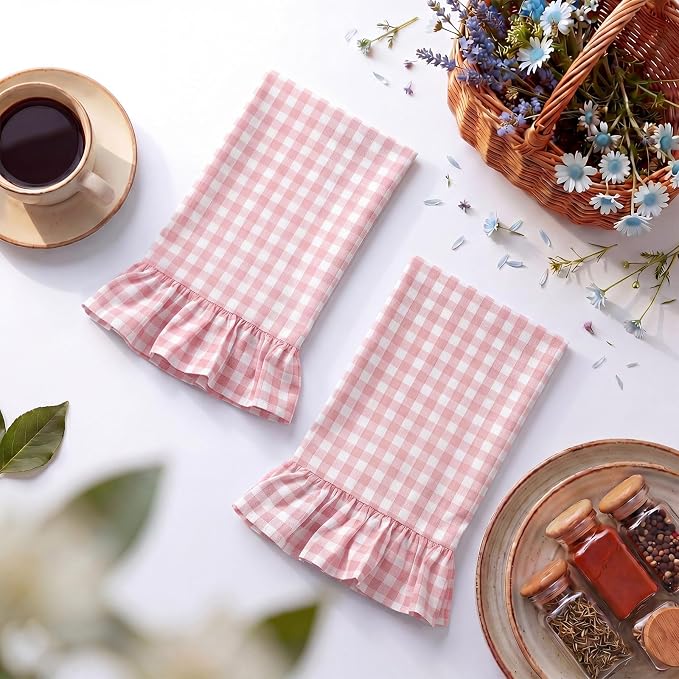 HunnmingRe 2 Pcs Light Pink Gingham Kitchen Towels Cotton Ruffled | Checked Dish Towels 18"x28" Tea Cloths Plaid Cottage Core Kitchen Decor for Farmhouse Charm Drying Dishes Entertaining Guests