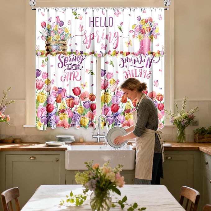 13 Pcs Hello Spring Kitchen Decor Set 3 Floral Kitchen Curtains Valance 2 Tulip Rugs and Mats 4 Spring Hand Towels 2 Paste Pot Holders 2 Oven Mitts for Home Decor Cooking Grilling Housewarming Gift