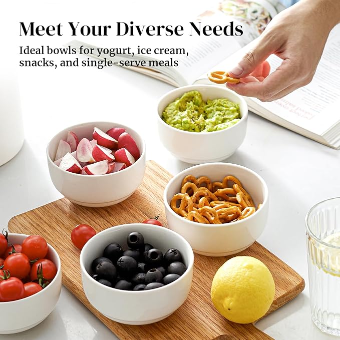 DOWAN 10 OZ Small Bowls, Ice Cream Bowls - 4.25" Ceramic Dessert Bowl Set of 6 - Porcelain Small Cereal Bowls, Side Dishes Dipping Bowl for Portion Control - Dishwasher Microwave Safe（Soft White