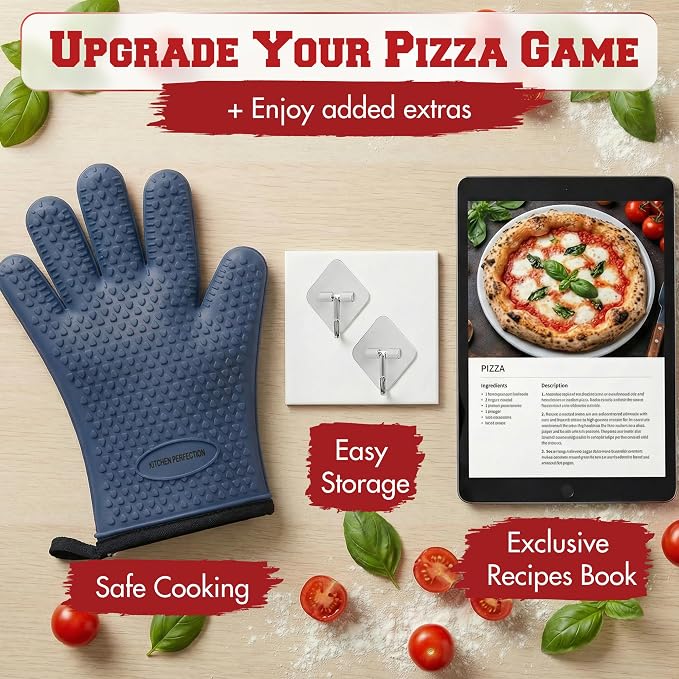 KITCHEN PERFECTION Silicone Pizza Oven Gloves - Heat Resistant Oven Mitts | Waterproof, 5-Finger Design For A Better Grip, for Outdoor & Indoor Pizza Ovens, Compatible with Ooni, Ninja, Gozney & More