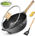 12-Inch Deep Frying Pan, Nonstick with Lid & Strainer, 6QT Granite Skillet, Induction/Gas Compatible, Includes Spatula & Sponge