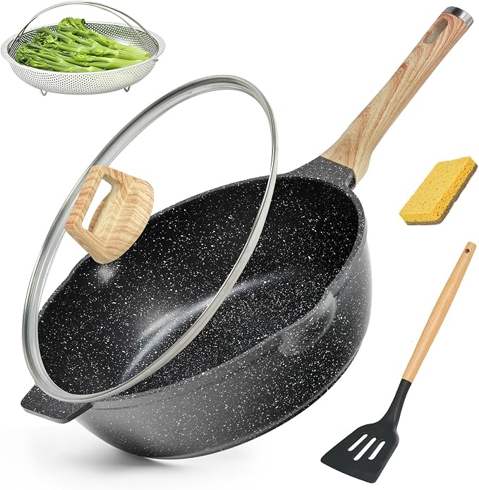 12-Inch Deep Frying Pan, Nonstick with Lid & Strainer, 6QT Granite Skillet, Induction/Gas Compatible, Includes Spatula & Sponge