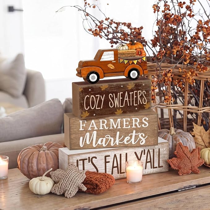Lineshading 4 Pcs Fall Wooden Block Table Decor Stacked Signs Truck Topper | Rustic Farmhouse Tiered Tray Decoration, Sayings Cozy Sweaters Farmers Markets Its Fall Yall, Autumn Tabletop Centerpiece