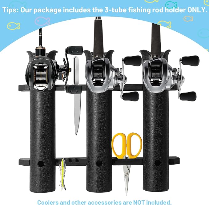 Cooler Fishing Rod Holder, Wall Mounted Fishing Pole Holder, 3 Link Fishing Rod Rack Compatible with YETI Coolers and for RTIC Coolers, Cooler Accessory, Medium, Black