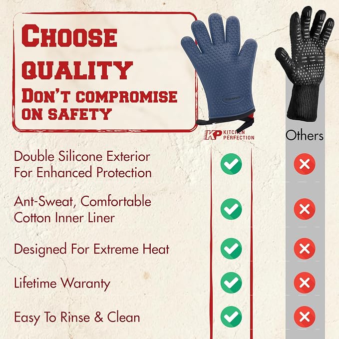 KITCHEN PERFECTION Silicone Pizza Oven Gloves - Heat Resistant Oven Mitts | Waterproof, 5-Finger Design For A Better Grip, for Outdoor & Indoor Pizza Ovens, Compatible with Ooni, Ninja, Gozney & More