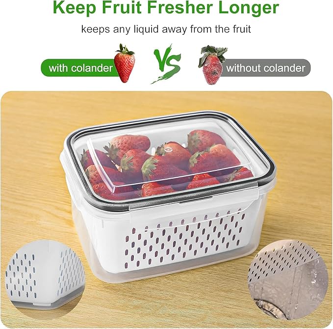 Fruit Storage Containers for Fridge with Removable Colander 4 PCS | Airtight Food Storage Container Dishwasher Safe Produce Saver for Refrigerator Keep Berry Fruit Fresh Longer Small Clear