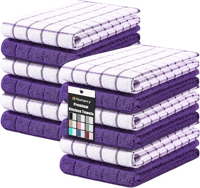Homaxy Large Premium Cotton Kitchen Towels 16"x 28", 12 Pack, Purple | Natural Ring Spun 390 GSM Dish Towels, Super Absorbent Terry Kitchen Hand Towels, Soft Tea Towels with Hanging Loop