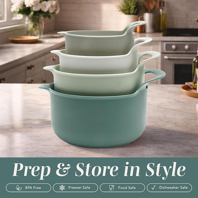 COOK WITH COLOR Nesting Plastic Mixing Bowl Set with Pour Spouts and Handles, Sage, 4 Piece Non-Slip