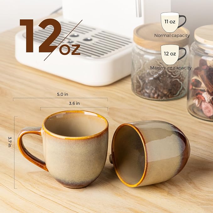 theterra Ceramic Coffee Mugs Set of 6, 12 oz Coffee Cups with Handle | Handmade, Suitable for Latte, Tea, Milk, Beer & Hot Cocoa, Creamy Amber