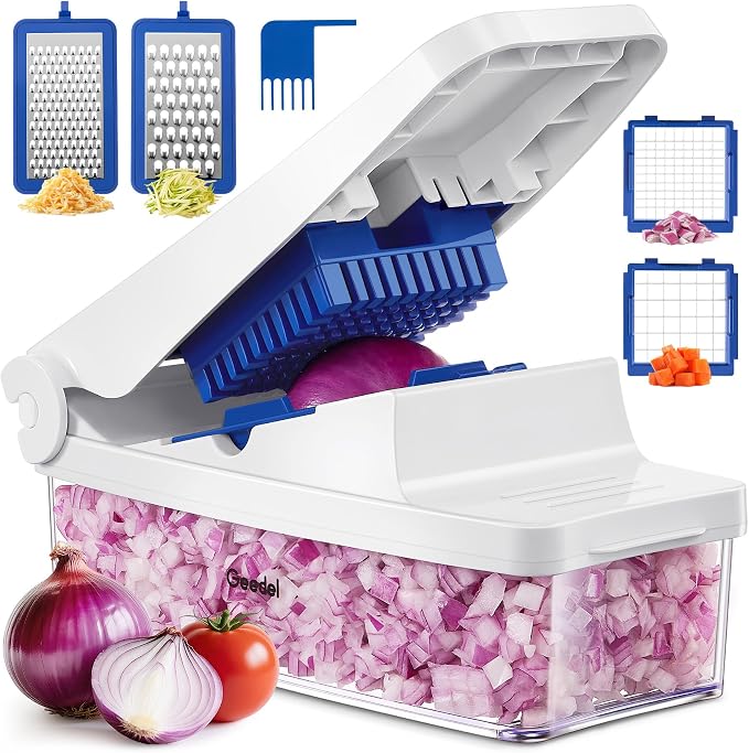 Geedel Vegetable Chopper with Container, 4 in 1 Food Chopper Veggie Slicer | Onion Chopper, 420 Stainless Steel, Safety Lock, Dishwasher Safe, No BPA, Cleaning Brush Included, for Vegetables, Cheese
