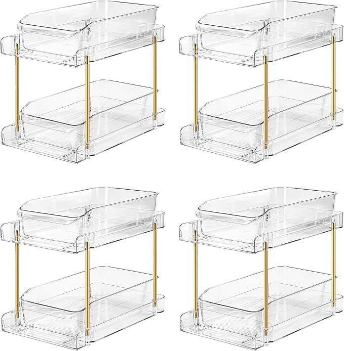 LAREKUN4pack 2-Tier Organizer & Storage Unit Stackable Bathroom Cabinet Organizer Pull-Out Kitchen Pantry Organizer & Storage System Suitable for Countertops, Pantries, Kitchens, Bathrooms