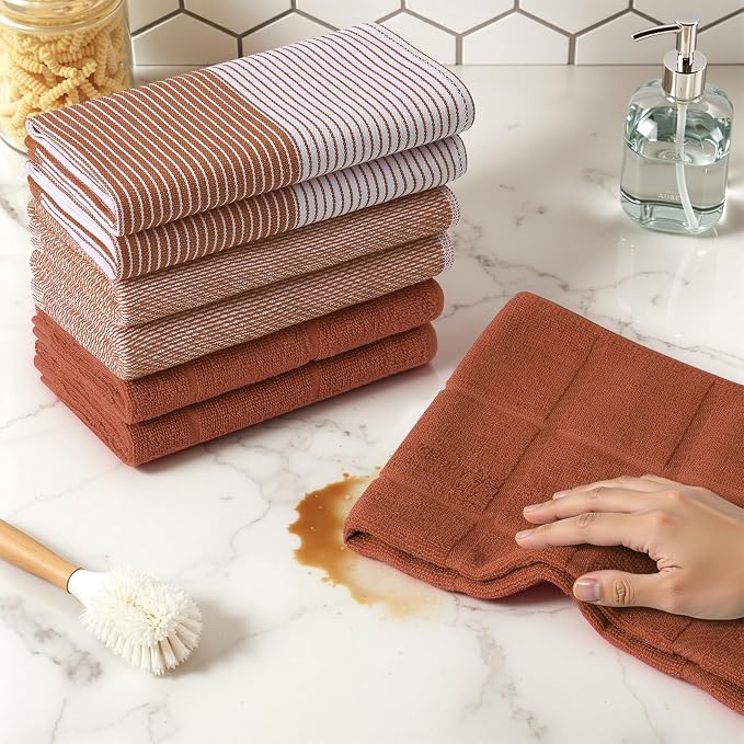 Homaxy 3 Pack Cotton Terry Premium Kitchen Towels, 18 x 28 in, Rust | Large 380 GSM Dish Towels, Highly Absorben Flat & Terry Kitchen Hand Towels, Soft Utility Tea Towel Set with Hanging Loop