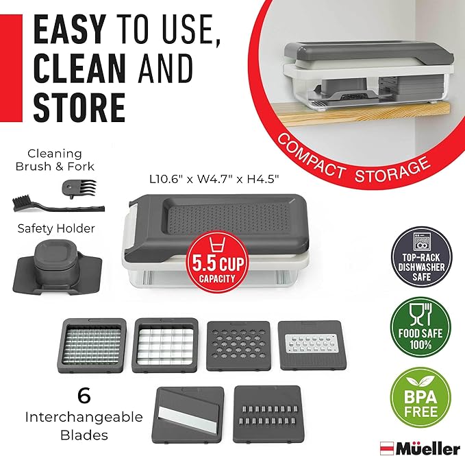 Mueller Vegetable Chopper Mandoline Slicer, Food Veggie Chopper | Cheese Grater, Onion Vegetable Cutter with Container, Dicer, Kitchen Gadgets & Essentials, White Sand/Grey