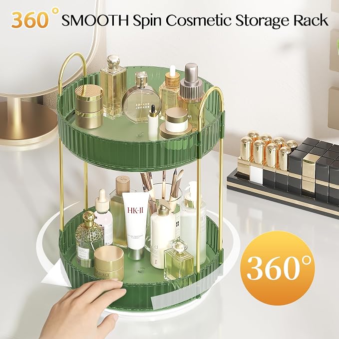 Rotating Makeup Organizer Countertop, 2 Tier, Green | Skincare Organizers, Spinning Perfume Tray Stand, Makeup Storage Organizer for Vanity, Bathroom Organizer, Lazy Susan