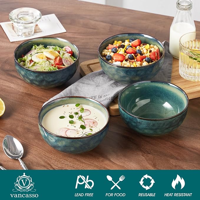 vancasso Starry 24oz Bowls for Soup, Ceramic Green bowls Set of 4 | Deep Bowls for Cereal, Salad and Oatmeal, Dishwasher & Microwave Oven Safe