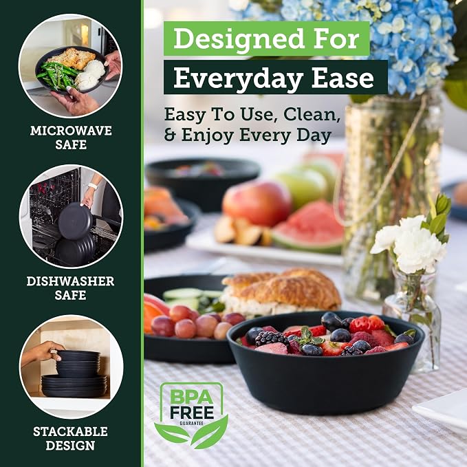Grow Forward Premium Wheat Straw Plates and Bowls Sets - 8-Piece Wheat Straw Dinnerware Sets - Unbreakable & Reusable Microwave Safe Plastic Dinner Plates for Outdoors, RV, Camping Dishes - Midnight