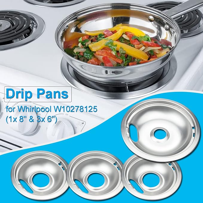 Electric Stove Drip Pans for Whirlpool W10278125, 4-Pack (3x6",1x8") | Includes 3 large 6" and 1 large 8" Chrome drip pans to replace worn burner bowls on compatible Whirlpool ranges