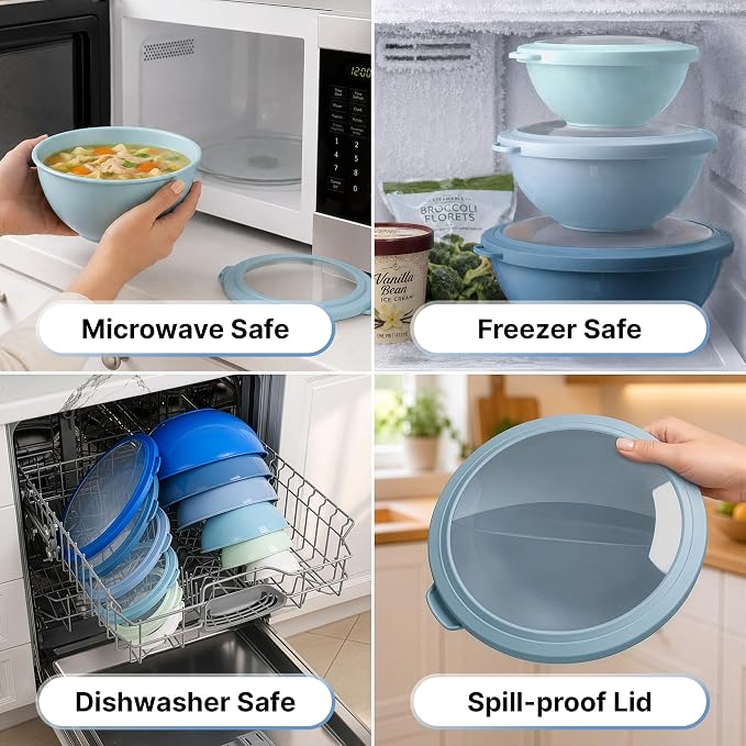 Zulay Kitchen 12 Piece Plastic Mixing Bowls with Lids Set - Leak-Proof Microwave & Freezer Safe Stackable Mixing Bowl Set for Preparing, Serving and Storing - Non-Slip Large Nesting Bowls (Blue Ombre)