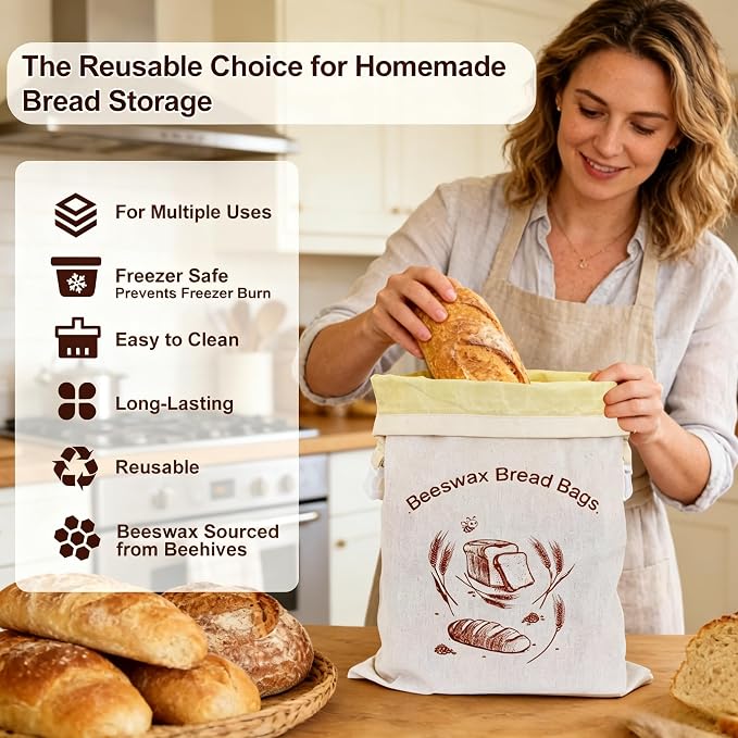 Beeswax Bread Bags 2 Pack, XL 13x17 In, Keep Homemade Sourdough Fresh | WSYDKNS Keep sourdough fresh longer, reusable linen cotton, beeswax lining, easy cold water wash, fit homemade loaf