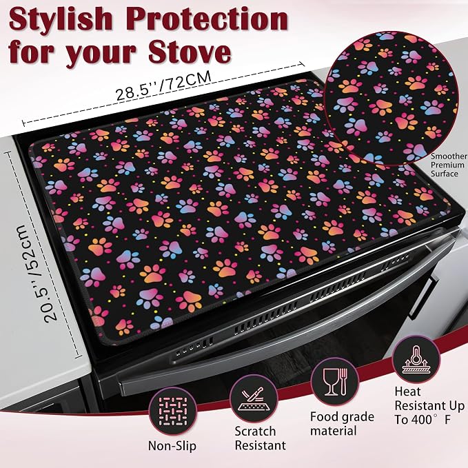 Colorful Animal Paw Prints Stove Top Cover,Glass Cooktop Heat Resistant Ceramic Stove Top Covers Mat Prevents Scratching Stoves/Counter/Washer Protector,28x20 in