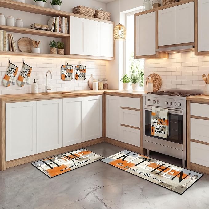 10 Pcs Kitchen Decor and Accessories Set, Orange Beige | 4 Dish Towels Kitchen Rugs 2 Oven Mitts 2 Pot Holders, Home Decor for Cooking Baking BBQ Gifts Women Mom Housewarming