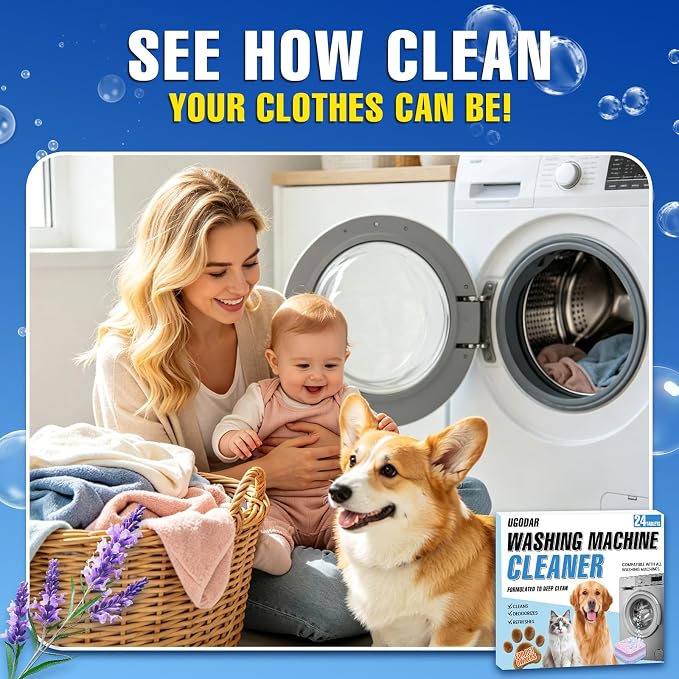 Washing Machine Cleaner Tablets 24-Pack, 3-Layer Formula Deep Cleaning, Pet Hair & Odor Removal, Residue & Build-Up Cleaner for HE, Front Load & Top Load Washers