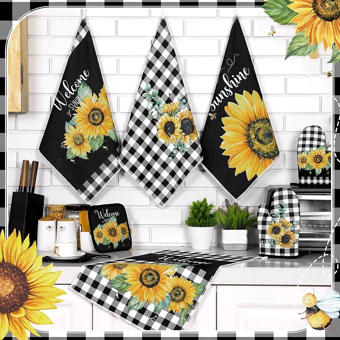Leinuosen 8 Pcs Sunflower Checkered Kitchen Towels and Dishcloths Sets Pot Holders and Oven Mitts Sets Absorbent Kitchen Gloves Potholders Heat Resistant for Chef Baking Cooking