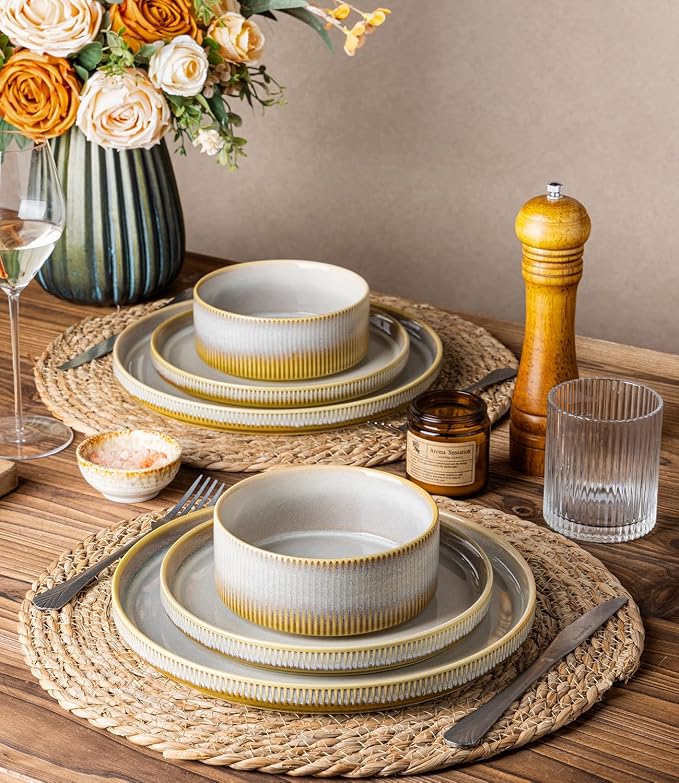 Ceramic Dinnerware Set for 4, 12-Piece Plates and Bowls Set | Lightweight Porcelain Dish Set, Scratch Resistant, Oven & Microwave & Dishwasher Safe, Autumn Haze