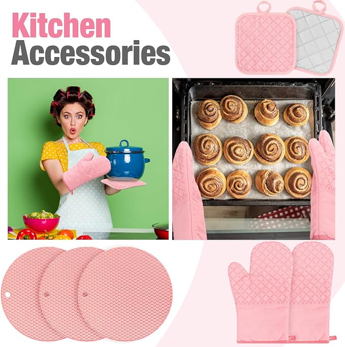 Pink Oven Mitts and Pot Holders 7 Sets, Pink, Rubber Cotton, Honeycomb | Heat Resistant Kitchen Gloves, Pads Pot Holders for Women, Chritsmas Gifts Kitchen Accessories Gift