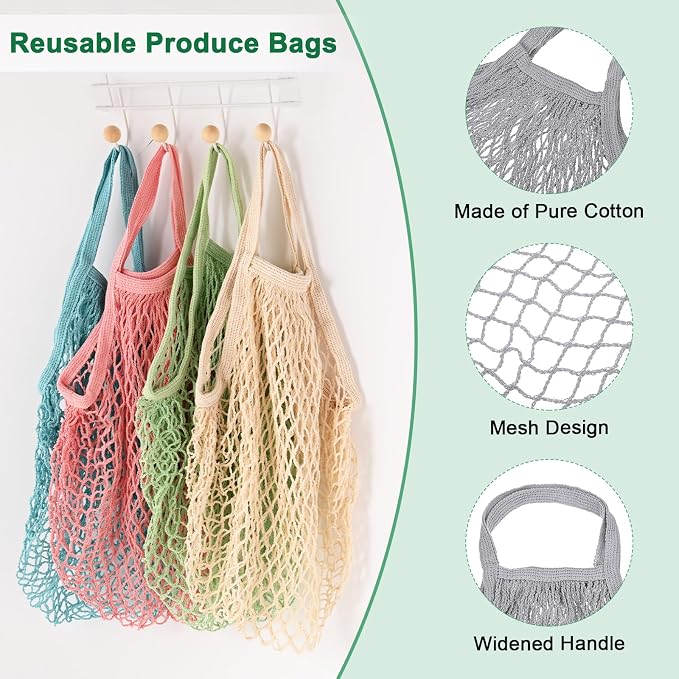 M METERXITY 1-Pack Cotton Mesh Bag, Reusable Washable Mesh Net String Grocery Bags, Reusable Produce Bags with Handle, Net Tote Bag for Fruits/Vegetables Shopping [Gray, Short Handle]