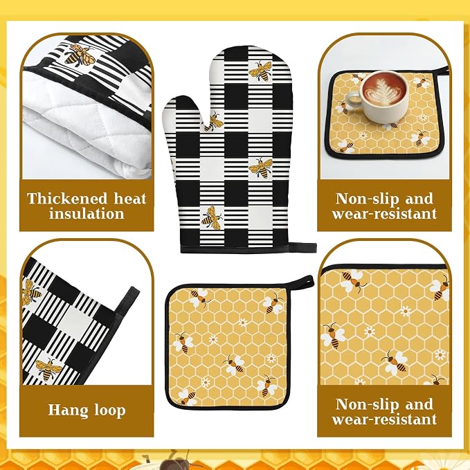 16 Pcs Honey Bee Kitchen Decor and Accessories Set 4 Yellow Kitchen Towel 4 Bee Placemat 2 Non Slip Rug and Mat Set for Floor 2 Oven Mitt Glove 2 Pot Holder 2 Curtain for Home Decor Mom Cooking Gift